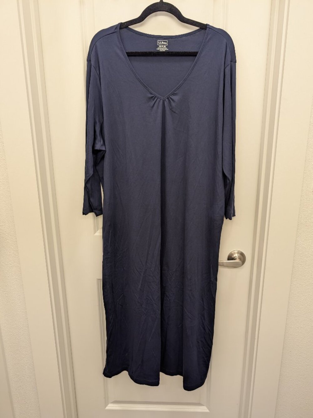 LL Bean Womens 3X Plus Blue V Neck Long Sleeve Maxi Dress Nightshirt Gown
